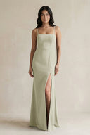 Spaghetti Straps Sheath Stain Bridesmaid Dress With Slit in Frost - KISS BRIDAL Bridesmaid Dresses