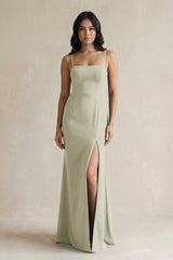 Spaghetti Straps Sheath Stain Bridesmaid Dress With Slit in Frost - KISS BRIDAL Bridesmaid Dresses