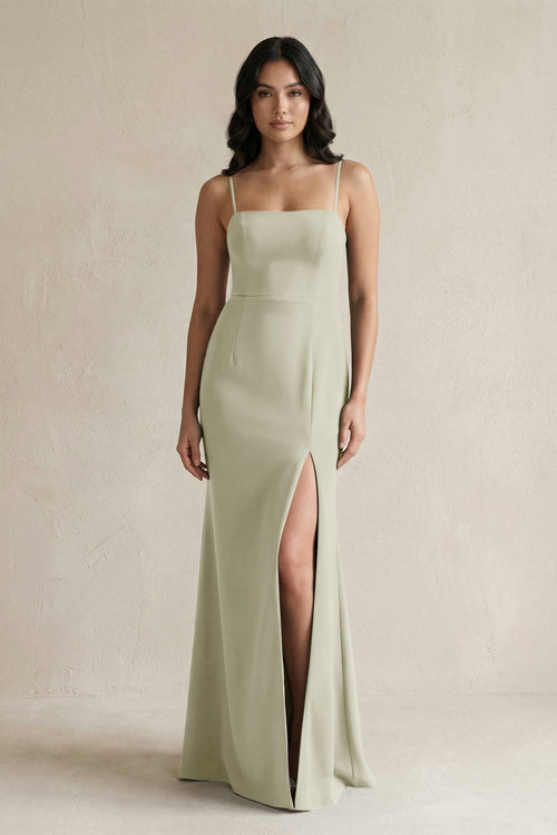 Spaghetti Straps Sheath Stain Bridesmaid Dress With Slit in Frost - KISS BRIDAL Bridesmaid Dresses