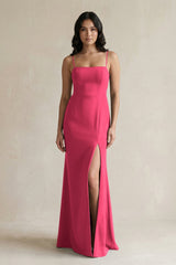 Spaghetti Straps Sheath Stain Bridesmaid Dress With Slit in Fuchsia - KISS BRIDAL Bridesmaid Dresses