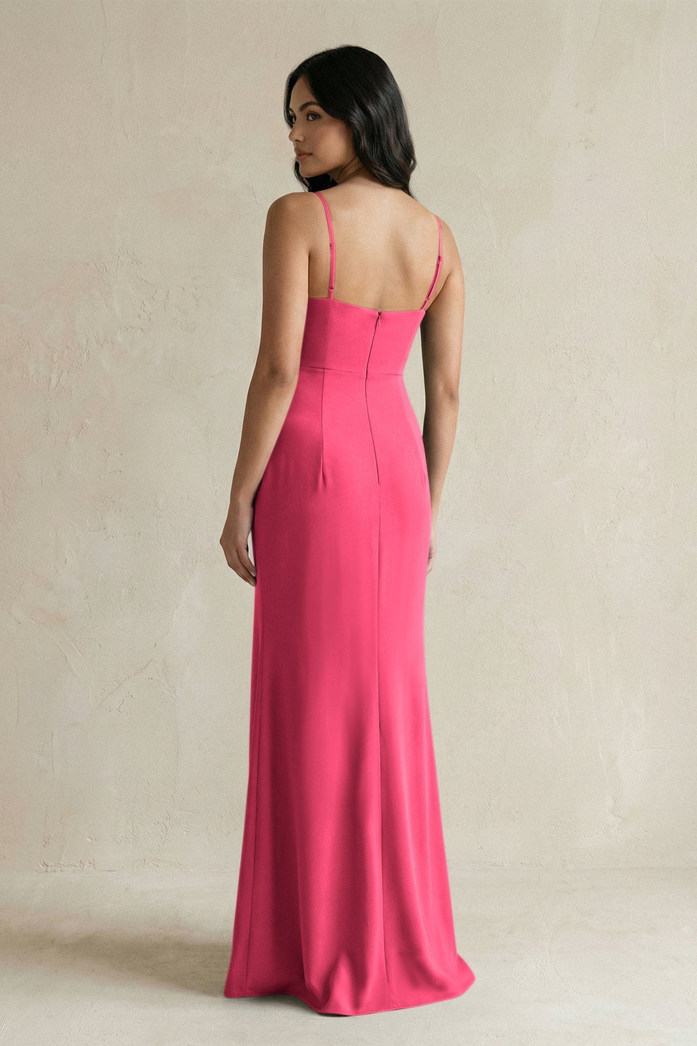 Spaghetti Straps Sheath Stain Bridesmaid Dress With Slit in Fuchsia - KISS BRIDAL Bridesmaid Dresses