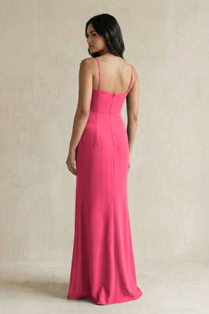 Spaghetti Straps Sheath Stain Bridesmaid Dress With Slit in Fuchsia - KISS BRIDAL Bridesmaid Dresses