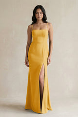 Spaghetti Straps Sheath Stain Bridesmaid Dress With Slit in Gold - KISS BRIDAL Bridesmaid Dresses