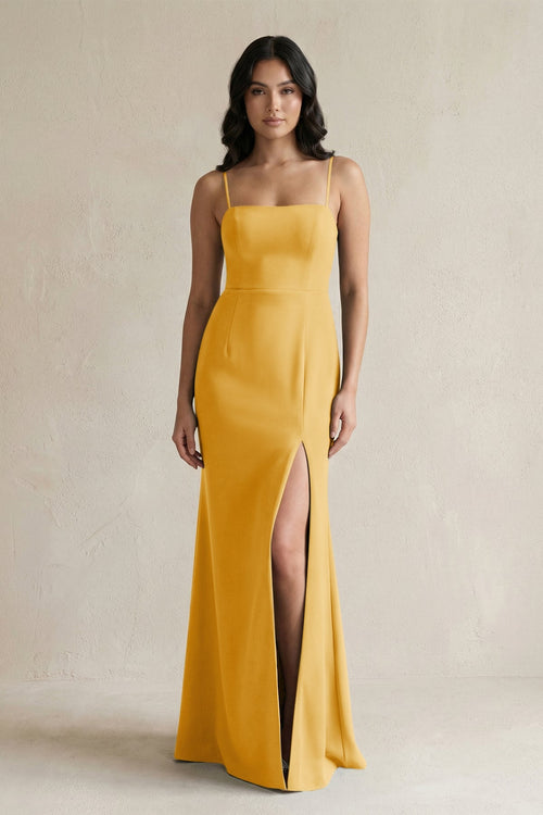 Spaghetti Straps Sheath Stain Bridesmaid Dress With Slit in Gold - KISS BRIDAL Bridesmaid Dresses