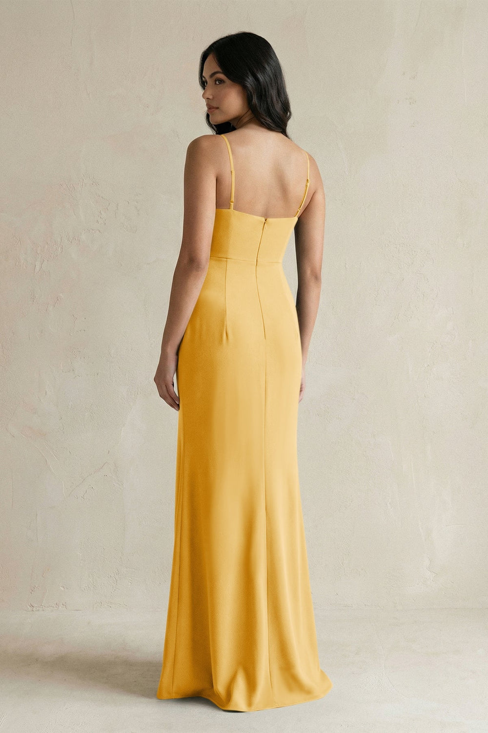 Spaghetti Straps Sheath Stain Bridesmaid Dress With Slit in Gold - KISS BRIDAL Bridesmaid Dresses