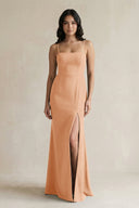 Spaghetti Straps Sheath Stain Bridesmaid Dress With Slit in Golden Champagne - KISS BRIDAL Bridesmaid Dresses