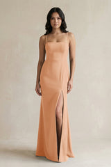 Spaghetti Straps Sheath Stain Bridesmaid Dress With Slit in Golden Champagne - KISS BRIDAL Bridesmaid Dresses