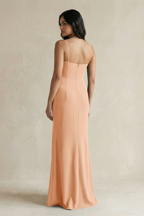 Spaghetti Straps Sheath Stain Bridesmaid Dress With Slit in Golden Champagne - KISS BRIDAL Bridesmaid Dresses
