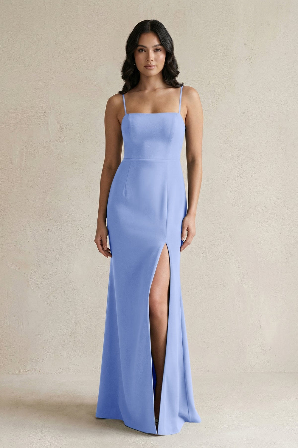 Spaghetti Straps Sheath Stain Bridesmaid Dress With Slit in Ice - KISS BRIDAL Bridesmaid Dresses