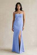 Spaghetti Straps Sheath Stain Bridesmaid Dress With Slit in Ice - KISS BRIDAL Bridesmaid Dresses