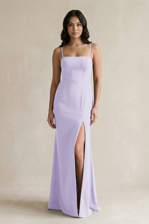 Spaghetti Straps Sheath Stain Bridesmaid Dress With Slit in Lavender - KISS BRIDAL Bridesmaid Dresses