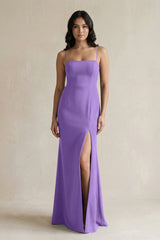Spaghetti Straps Sheath Stain Bridesmaid Dress With Slit in Lilac - KISS BRIDAL Bridesmaid Dresses