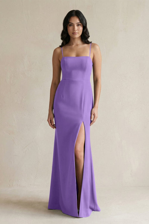 Spaghetti Straps Sheath Stain Bridesmaid Dress With Slit in Lilac - KISS BRIDAL Bridesmaid Dresses