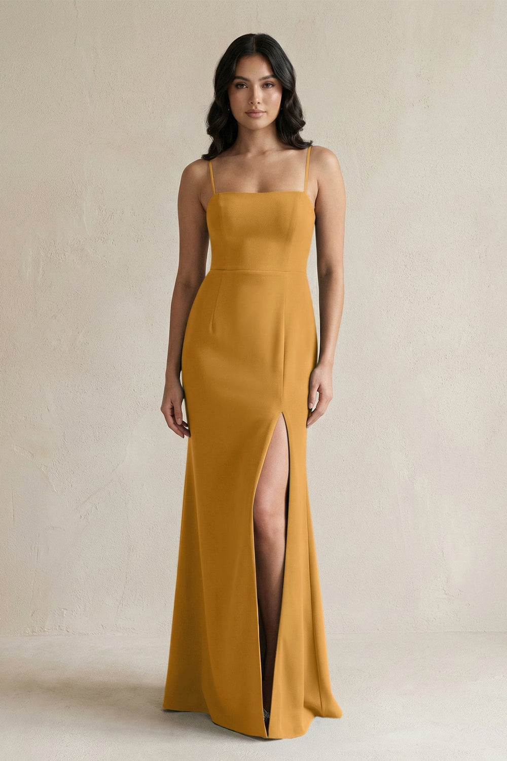 Spaghetti Straps Sheath Stain Bridesmaid Dress With Slit in Marigold - KISS BRIDAL Bridesmaid Dresses