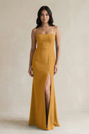 Spaghetti Straps Sheath Stain Bridesmaid Dress With Slit in Marigold - KISS BRIDAL Bridesmaid Dresses
