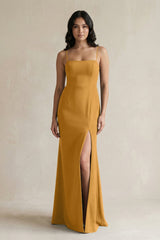 Spaghetti Straps Sheath Stain Bridesmaid Dress With Slit in Marigold - KISS BRIDAL Bridesmaid Dresses