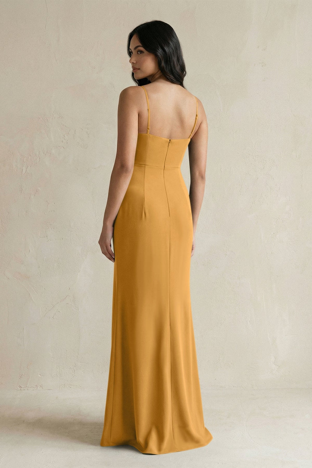 Spaghetti Straps Sheath Stain Bridesmaid Dress With Slit in Marigold - KISS BRIDAL Bridesmaid Dresses