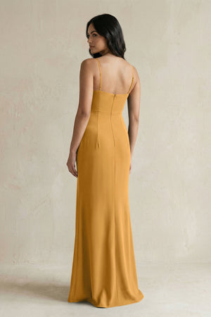 Spaghetti Straps Sheath Stain Bridesmaid Dress With Slit in Marigold - KISS BRIDAL Bridesmaid Dresses
