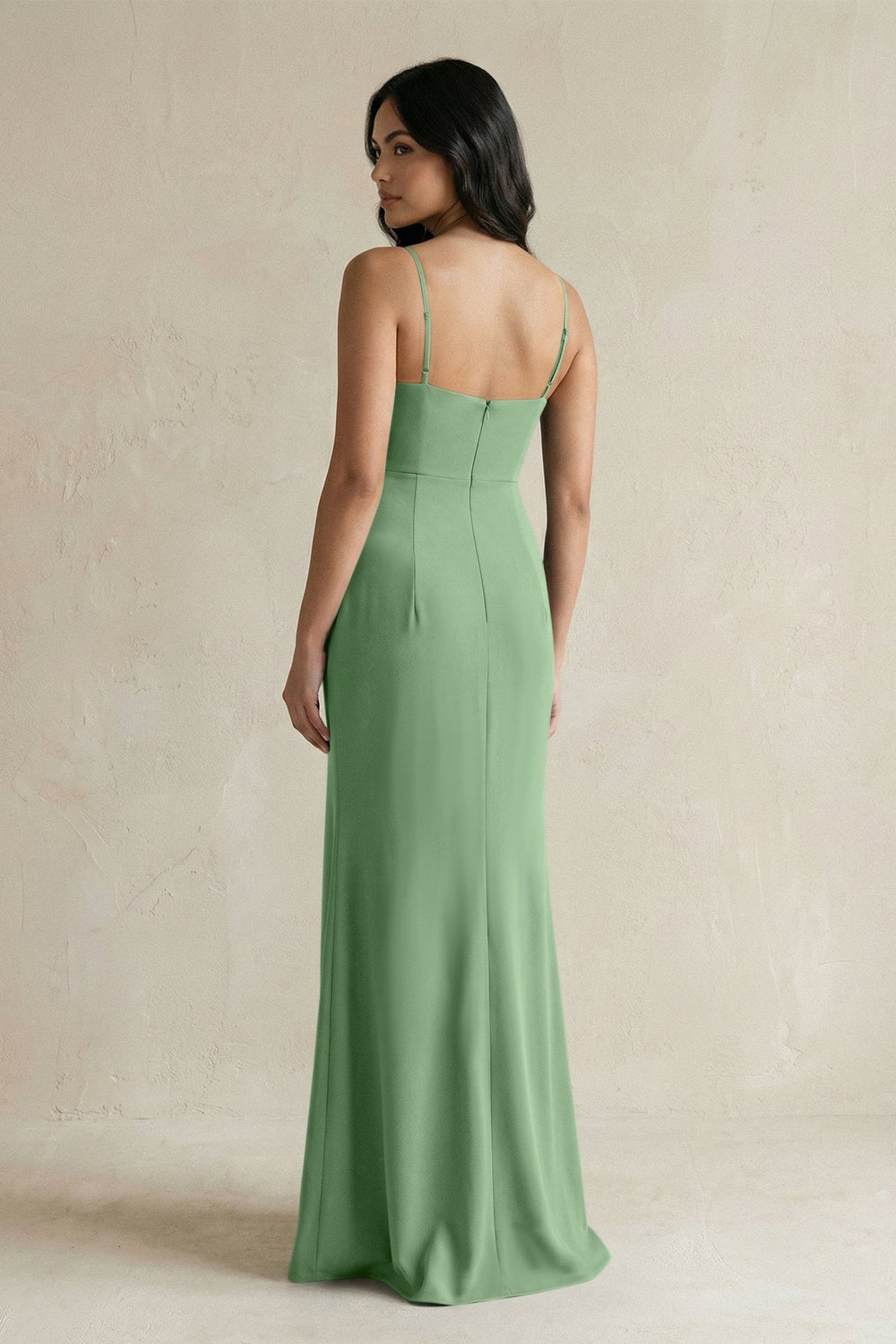 Spaghetti Straps Sheath Stain Bridesmaid Dress With Slit in Matcha - KISS BRIDAL Bridesmaid Dresses
