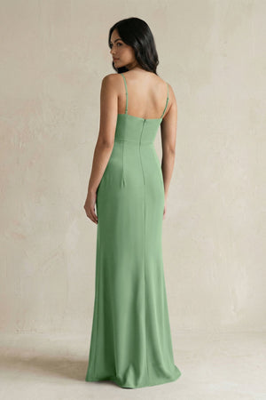 Spaghetti Straps Sheath Stain Bridesmaid Dress With Slit in Matcha - KISS BRIDAL Bridesmaid Dresses