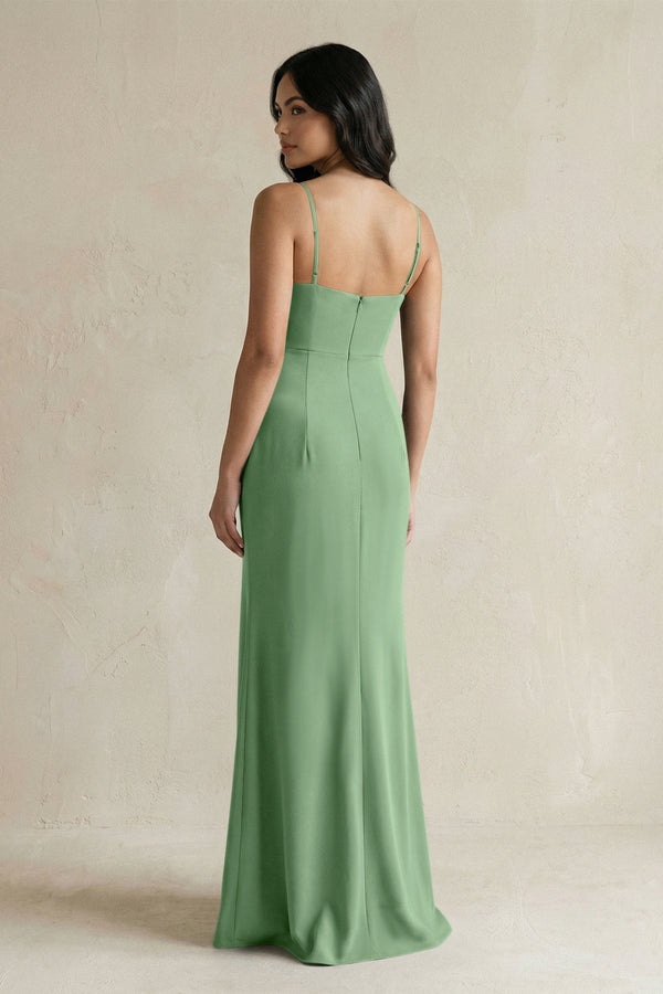 Spaghetti Straps Sheath Stain Bridesmaid Dress With Slit in Matcha - KISS BRIDAL Bridesmaid Dresses
