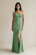 Spaghetti Straps Sheath Stain Bridesmaid Dress With Slit in Matcha - KISS BRIDAL Bridesmaid Dresses