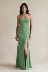 Spaghetti Straps Sheath Stain Bridesmaid Dress With Slit in Matcha - KISS BRIDAL Bridesmaid Dresses