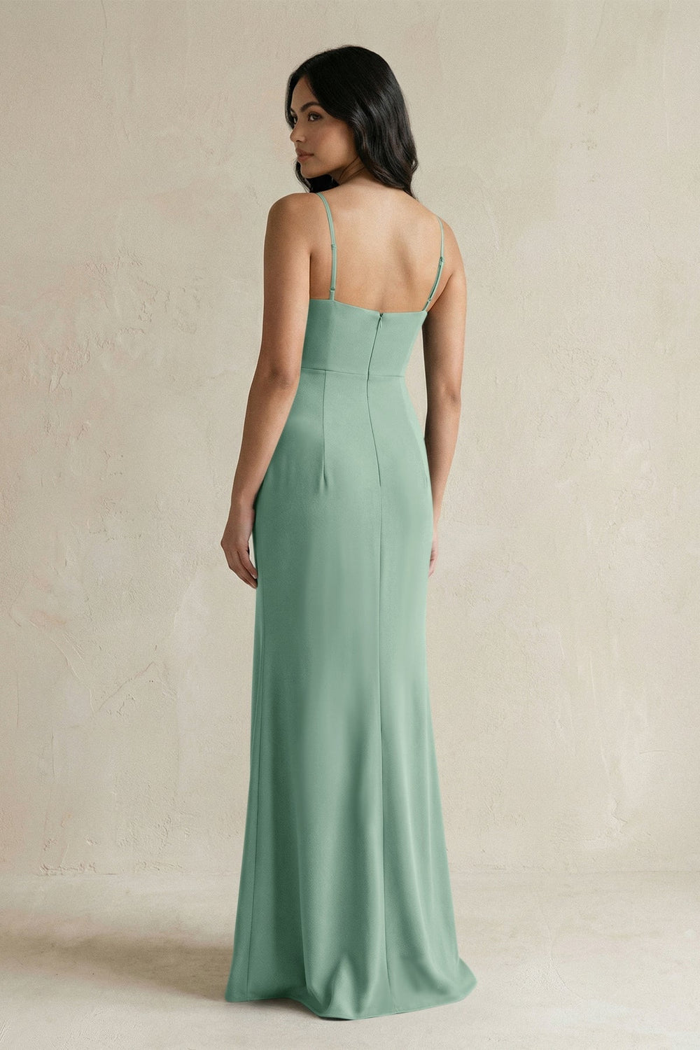Spaghetti Straps Sheath Stain Bridesmaid Dress With Slit in Mint Green - KISS BRIDAL Bridesmaid Dresses