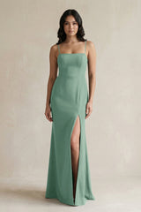 Spaghetti Straps Sheath Stain Bridesmaid Dress With Slit in Mint Green - KISS BRIDAL Bridesmaid Dresses