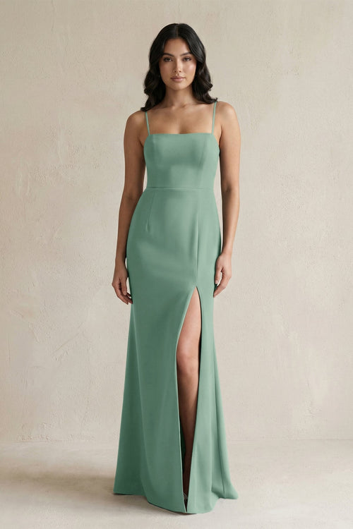 Spaghetti Straps Sheath Stain Bridesmaid Dress With Slit in Mint Green - KISS BRIDAL Bridesmaid Dresses