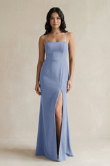 Spaghetti Straps Sheath Stain Bridesmaid Dress With Slit in Mist - KISS BRIDAL Bridesmaid Dresses