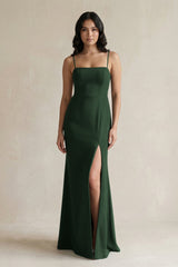 Spaghetti Straps Sheath Stain Bridesmaid Dress With Slit in Moss - KISS BRIDAL Bridesmaid Dresses