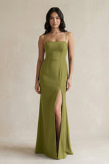 Spaghetti Straps Sheath Stain Bridesmaid Dress With Slit in Moss Green - KISS BRIDAL Bridesmaid Dresses