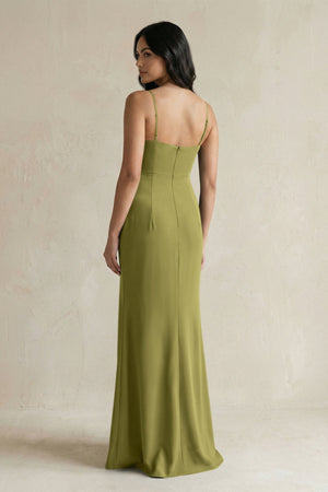 Spaghetti Straps Sheath Stain Bridesmaid Dress With Slit in Moss Green - KISS BRIDAL Bridesmaid Dresses