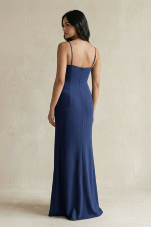 Spaghetti Straps Sheath Stain Bridesmaid Dress With Slit in Navy - KISS BRIDAL Bridesmaid Dresses
