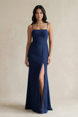 Spaghetti Straps Sheath Stain Bridesmaid Dress With Slit in Navy - KISS BRIDAL Bridesmaid Dresses