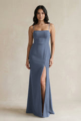 Spaghetti Straps Sheath Stain Bridesmaid Dress With Slit in Neptune - KISS BRIDAL Bridesmaid Dresses