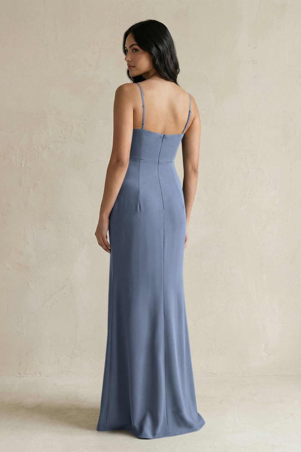Spaghetti Straps Sheath Stain Bridesmaid Dress With Slit in Neptune - KISS BRIDAL Bridesmaid Dresses