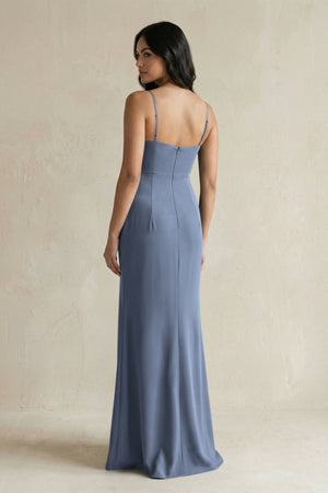 Spaghetti Straps Sheath Stain Bridesmaid Dress With Slit in Neptune - KISS BRIDAL Bridesmaid Dresses