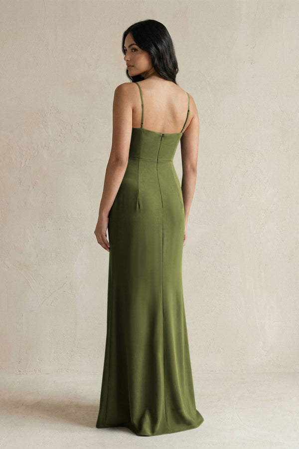 Spaghetti Straps Sheath Stain Bridesmaid Dress With Slit in Olive - KISS BRIDAL Bridesmaid Dresses