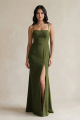 Spaghetti Straps Sheath Stain Bridesmaid Dress With Slit in Olive - KISS BRIDAL Bridesmaid Dresses