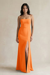 Spaghetti Straps Sheath Stain Bridesmaid Dress With Slit in Orange - KISS BRIDAL Bridesmaid Dresses