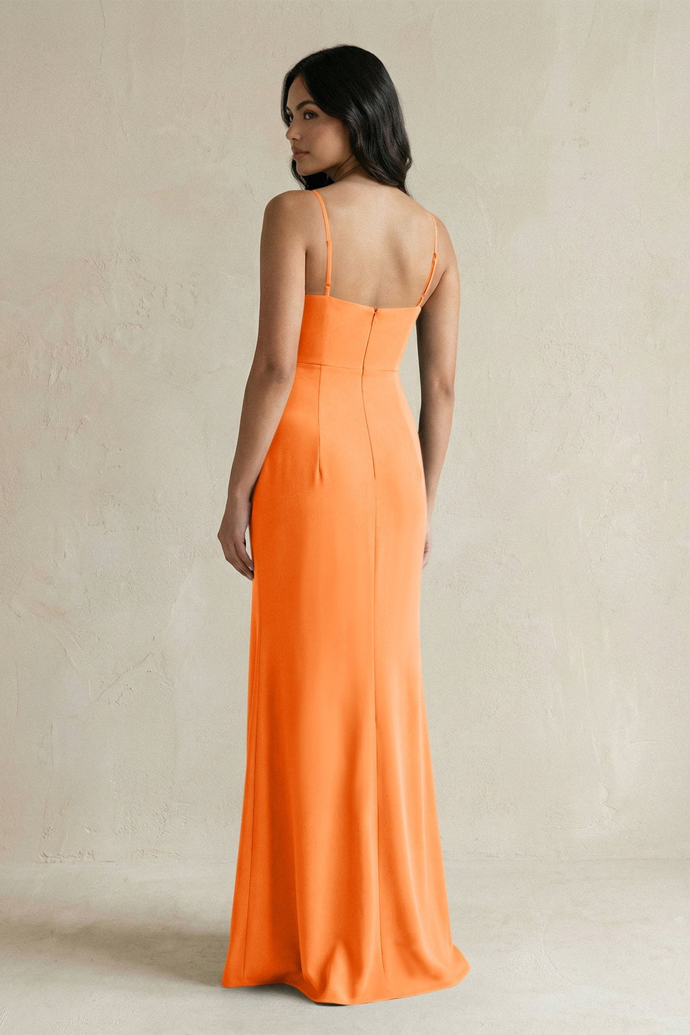 Spaghetti Straps Sheath Stain Bridesmaid Dress With Slit in Orange - KISS BRIDAL Bridesmaid Dresses
