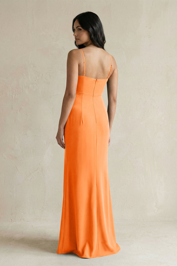 Spaghetti Straps Sheath Stain Bridesmaid Dress With Slit in Orange - KISS BRIDAL Bridesmaid Dresses