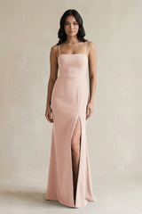 Spaghetti Straps Sheath Stain Bridesmaid Dress With Slit in Pale Blush - KISS BRIDAL Bridesmaid Dresses