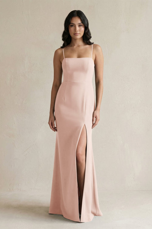 Spaghetti Straps Sheath Stain Bridesmaid Dress With Slit in Pale Blush - KISS BRIDAL Bridesmaid Dresses