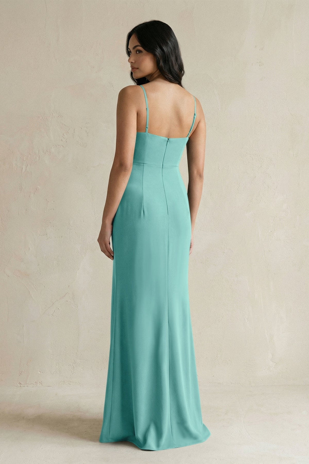 Spaghetti Straps Sheath Stain Bridesmaid Dress With Slit in Pale Pistachio - KISS BRIDAL Bridesmaid Dresses