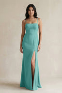 Spaghetti Straps Sheath Stain Bridesmaid Dress With Slit in Pale Pistachio - KISS BRIDAL Bridesmaid Dresses