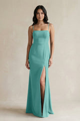 Spaghetti Straps Sheath Stain Bridesmaid Dress With Slit in Pale Pistachio - KISS BRIDAL Bridesmaid Dresses
