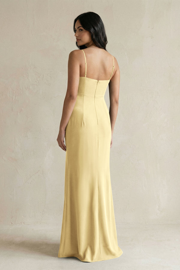 Spaghetti Straps Sheath Stain Bridesmaid Dress With Slit in Pastel Yellow - KISS BRIDAL Bridesmaid Dresses